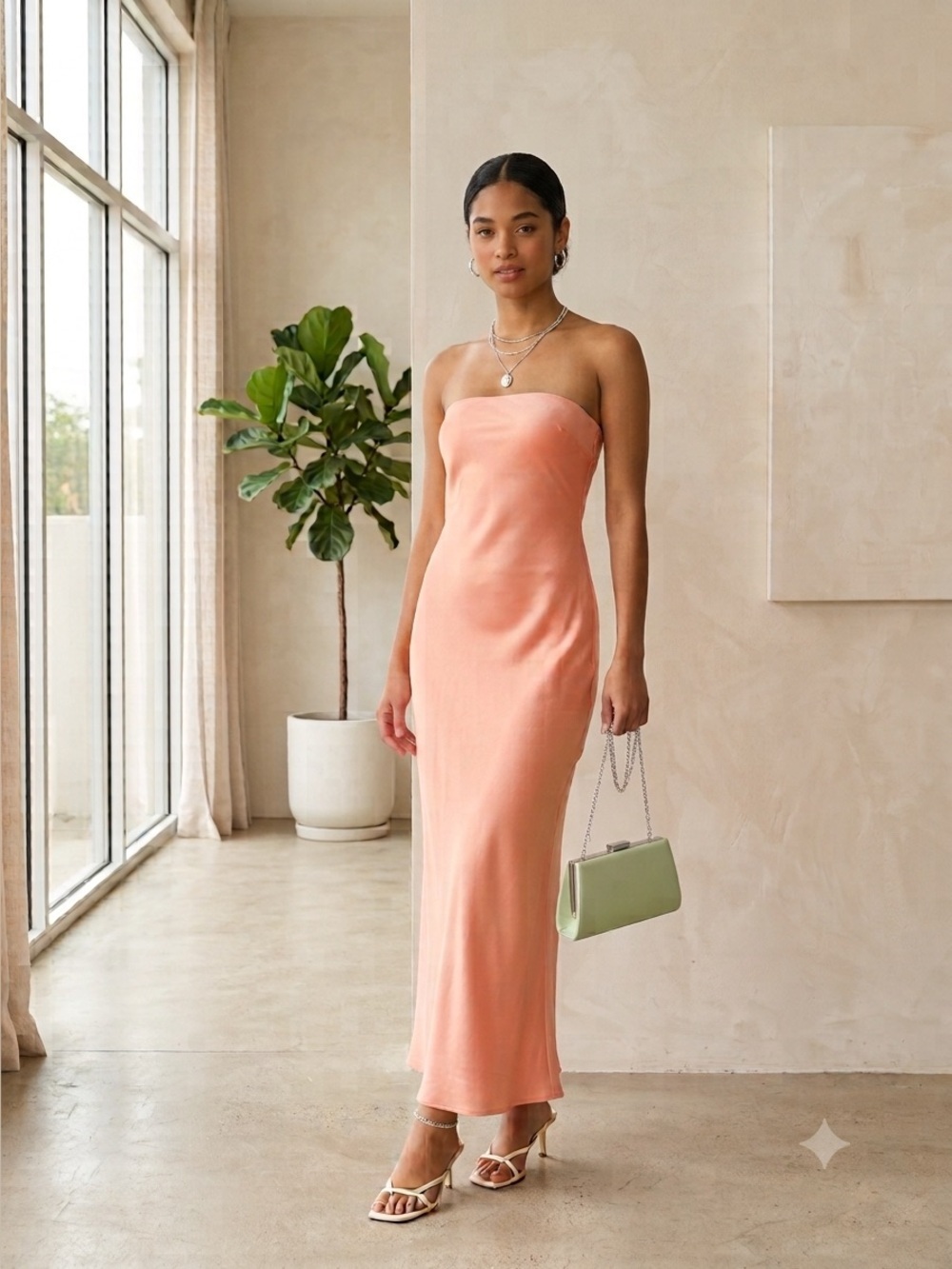 SNDYS x Revolve Coral Satin Strapless Maxi Dress Gown - Medium NWT